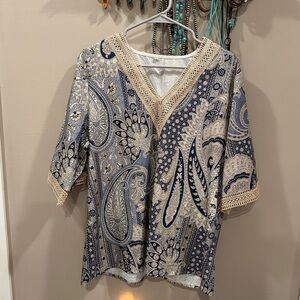 Paisley V-Neck Blouse - Blue and Cream